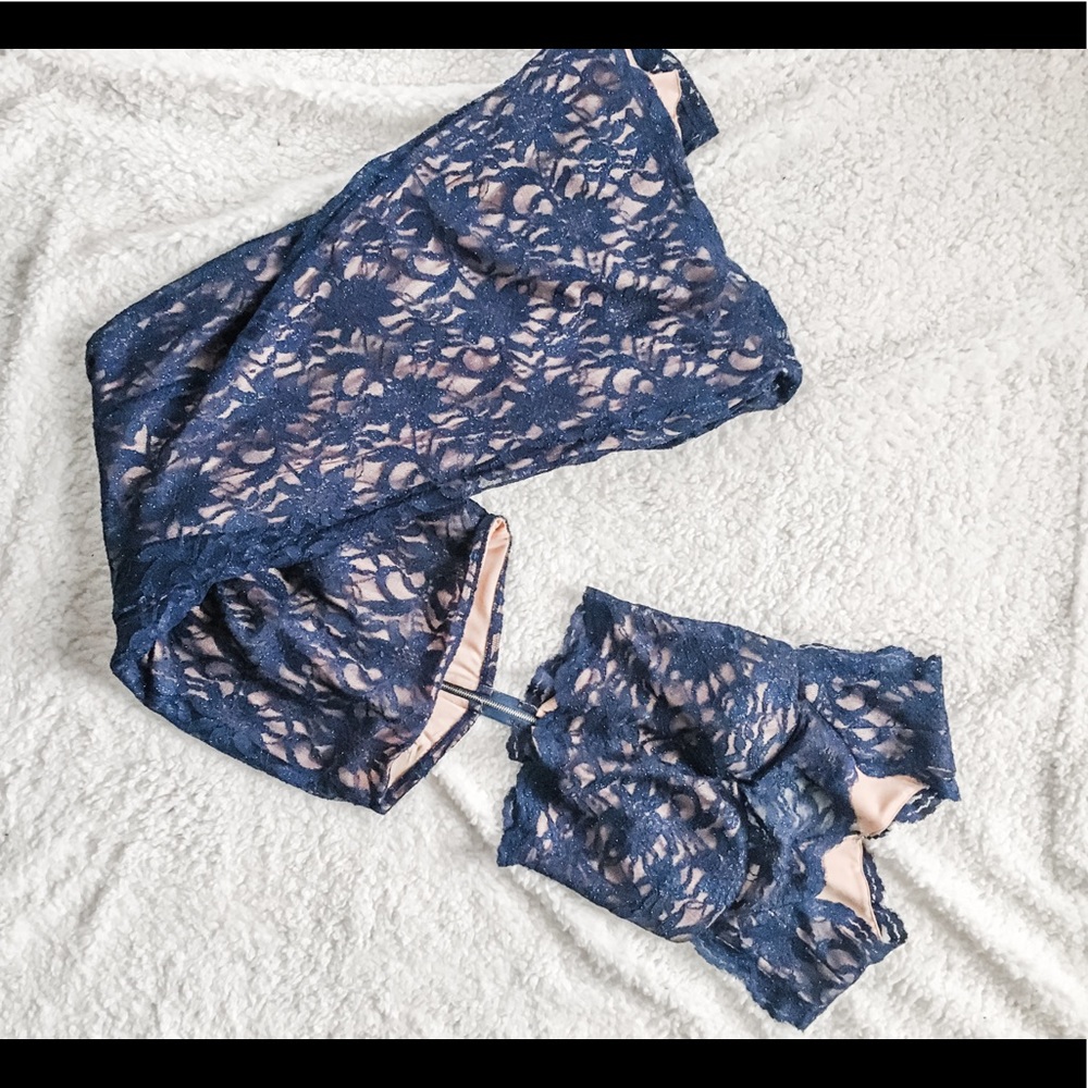 2 piece dark blue lace prom dress